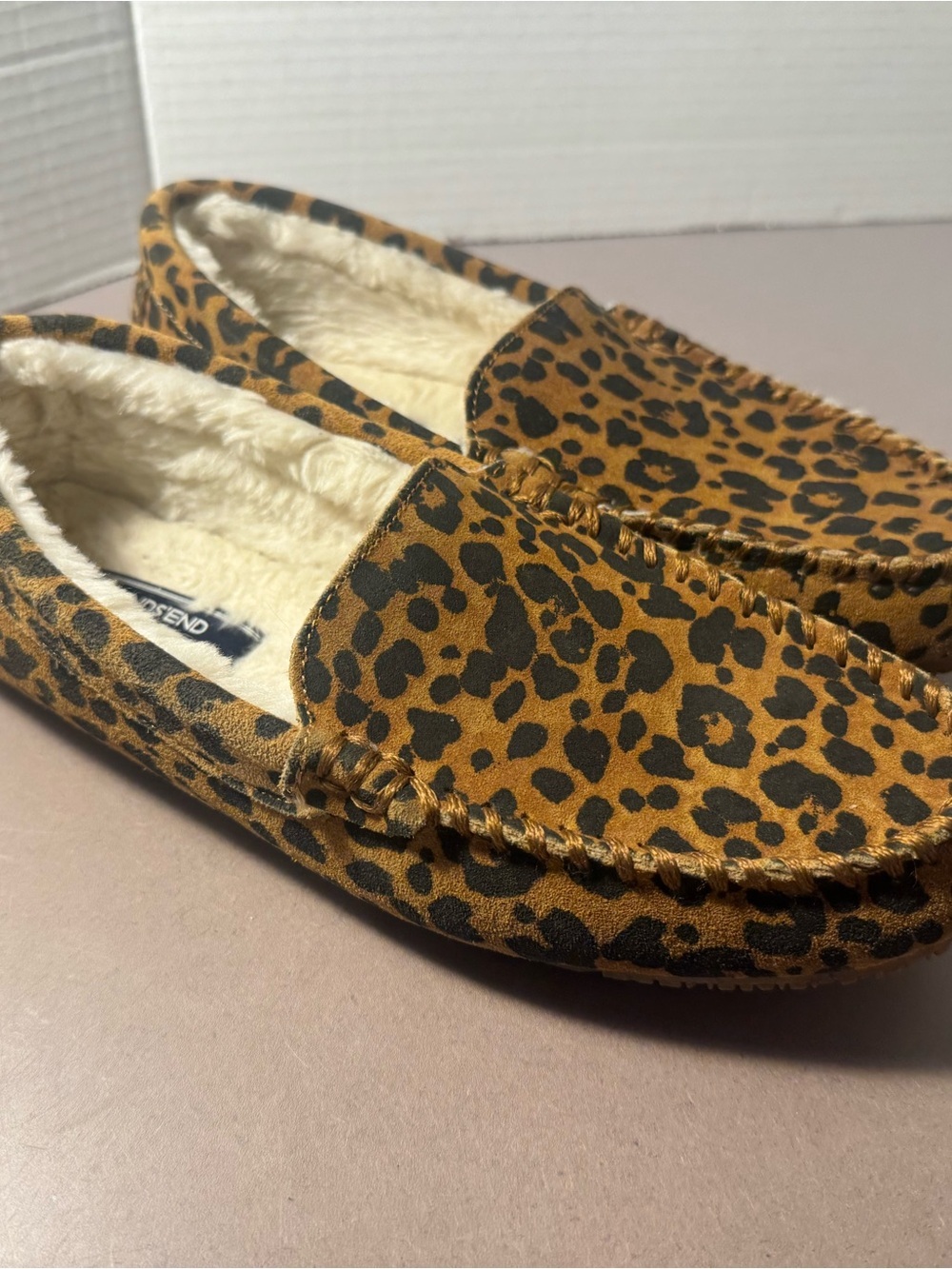 Lands' End Leopard Print Faux-Fur Lined Moccasin Slippers - Brown/Black